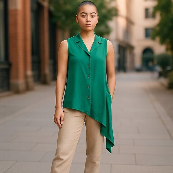 NEW Jay Godfrey Size 8 Silk Teal Green Blouse Button-Down Asymmetrical Hemline - Picture 1 of 16